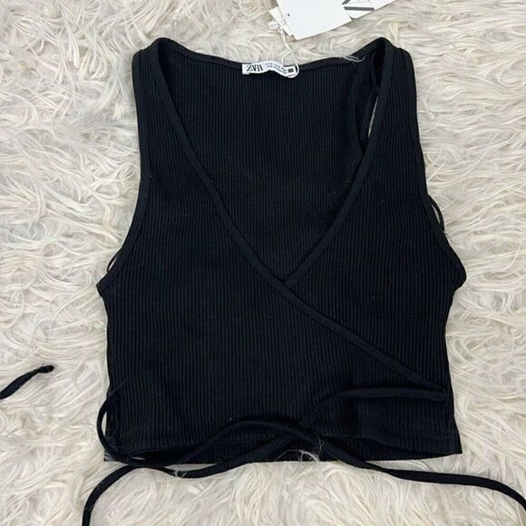 Zara Women’s NWT Black Ribbed V-Neck Crop Top Long Tie Up Shirt Sleeveless S/M - Picture 3 of 10